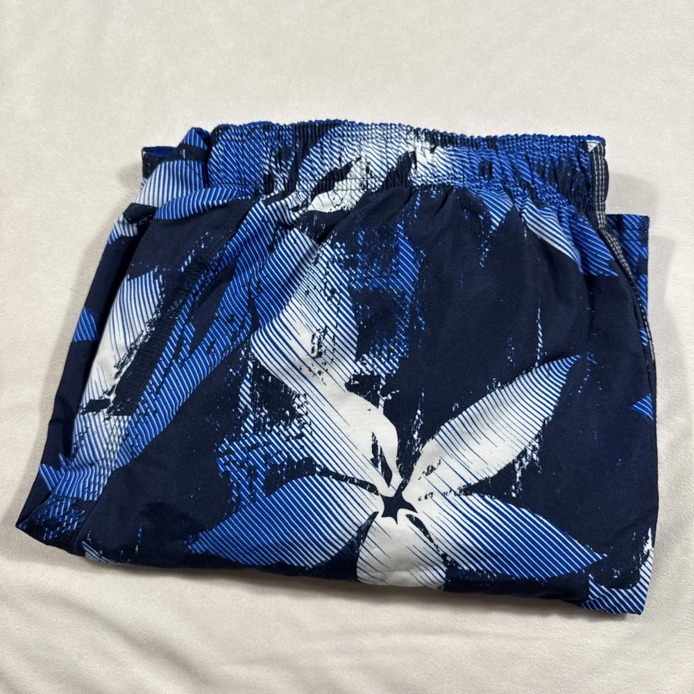 Nike Swim Trunks Shorts Mens L Blue Black‎ White Floral Print Lined Pockets